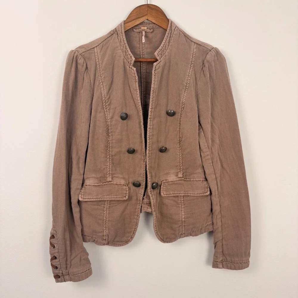Free People Military Blazer Women M Taupe Lace Up Cuff Boho Utility Jacket